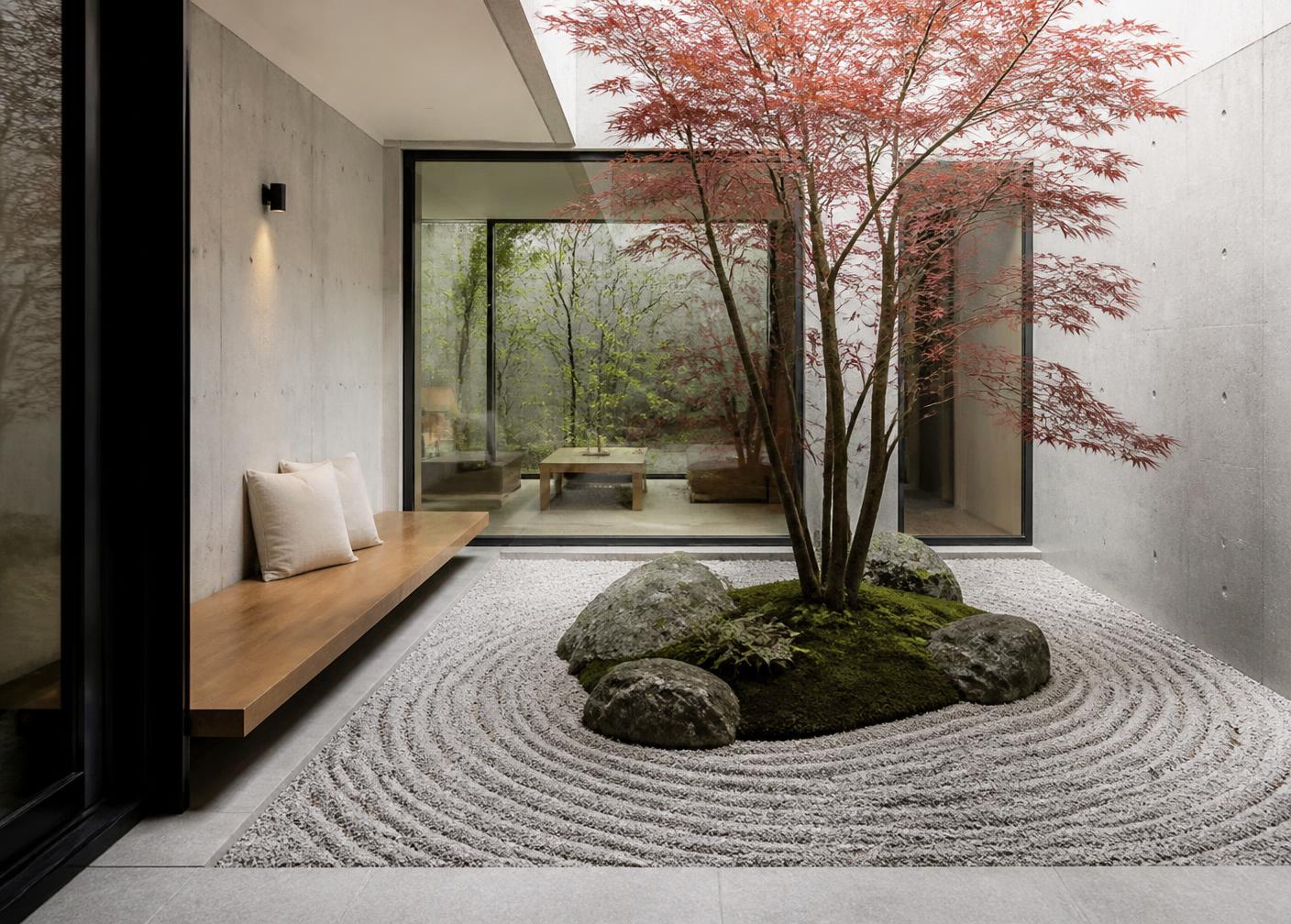 Atriumgården – Minimalistisk innergård med japansk lönn, platsbyggda bänkar i ek och dolda dräneringssystem under krossbädden.